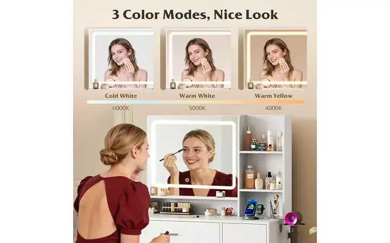 Petite Coiffeuse avec Miroir Éclairé – Tiroir, Armoire & Étagères Ouvertes, Noir