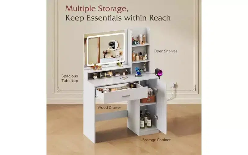 Petite Coiffeuse avec Miroir Éclairé – Tiroir, Armoire & Étagères Ouvertes, Noir