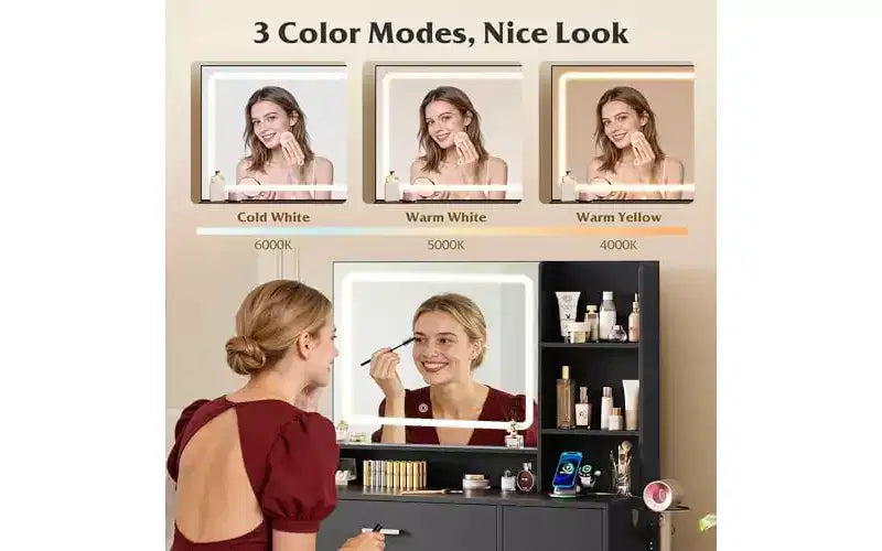 Petite Coiffeuse avec Miroir Éclairé – Tiroir, Armoire & Étagères Ouvertes, Noir
