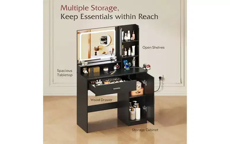 Petite Coiffeuse avec Miroir Éclairé – Tiroir, Armoire & Étagères Ouvertes, Noir