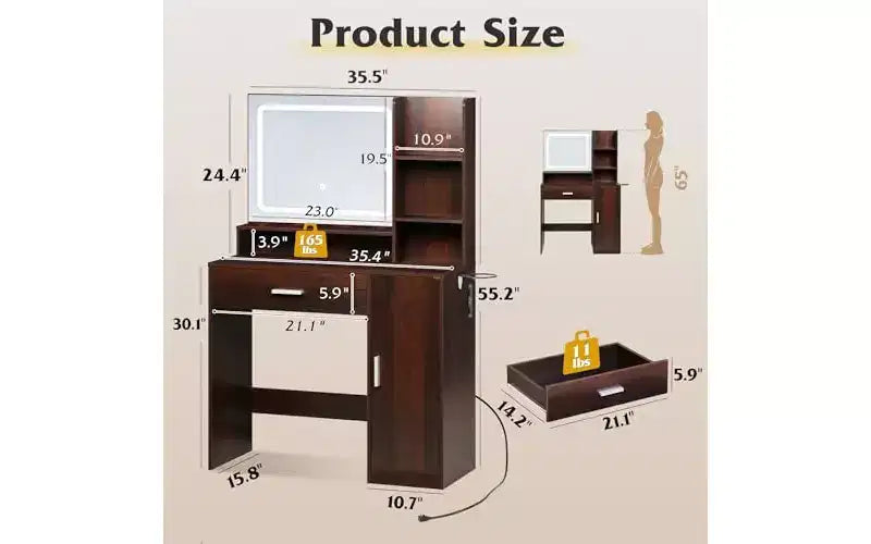 Petite Coiffeuse avec Miroir Éclairé – Tiroir, Armoire & Étagères Ouvertes, Noir