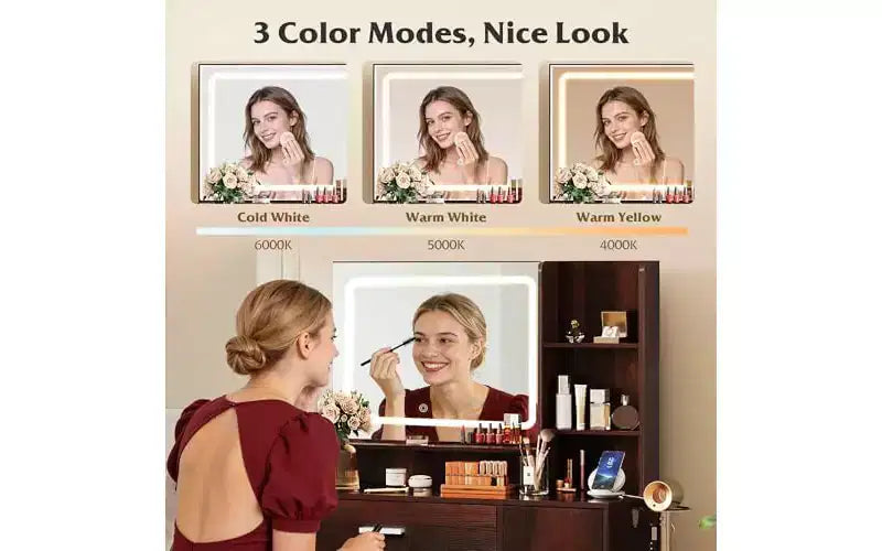 Petite Coiffeuse avec Miroir Éclairé – Tiroir, Armoire & Étagères Ouvertes, Noir