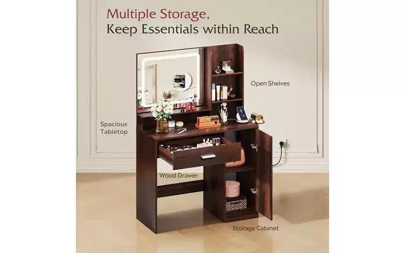 Petite Coiffeuse avec Miroir Éclairé – Tiroir, Armoire & Étagères Ouvertes, Noir