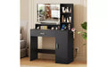 DEXYLLO Small Vanity Desk with Lighted Mirror and Lights for Girls, Makeup Vanity Table with Drawer, Cabinet and Open Shelves