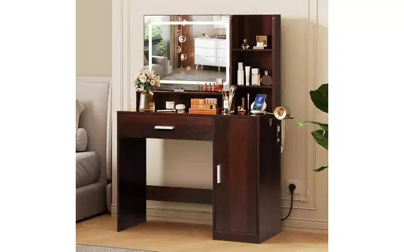 Petite Coiffeuse avec Miroir Éclairé – Tiroir, Armoire & Étagères Ouvertes, Noir