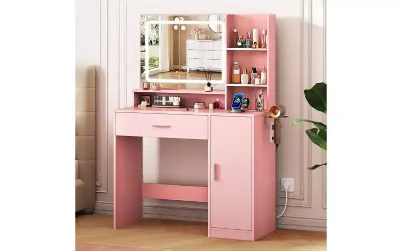 Petite Coiffeuse avec Miroir Éclairé – Tiroir, Armoire & Étagères Ouvertes, Noir