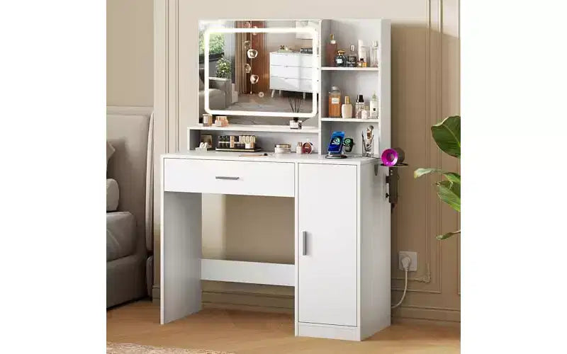 Petite Coiffeuse avec Miroir Éclairé – Tiroir, Armoire & Étagères Ouvertes, Noir