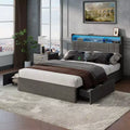 Gray Full Size Upholstered Bed Frame 4 Storage Drawers LED Lights Charging Station Headboard Heavy Duty Platform No Box Spring Needed