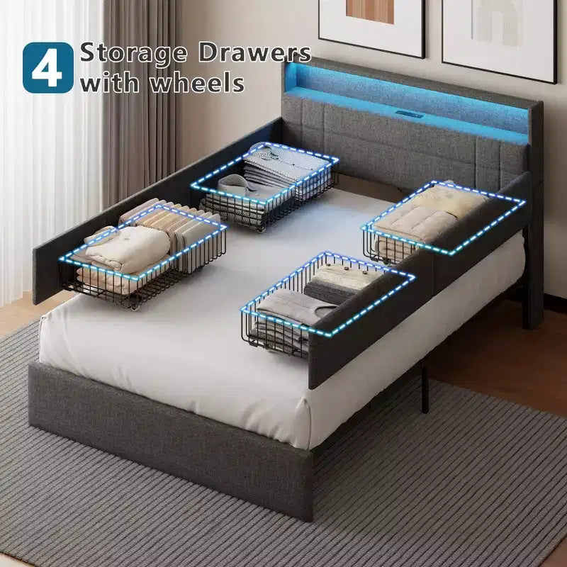 Lit plateforme rembourré pleine grandeur – 4 tiroirs de rangement, lumières LED et station de recharge, gris