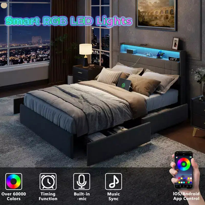 Lit plateforme rembourré pleine grandeur – 4 tiroirs de rangement, lumières LED et station de recharge, gris