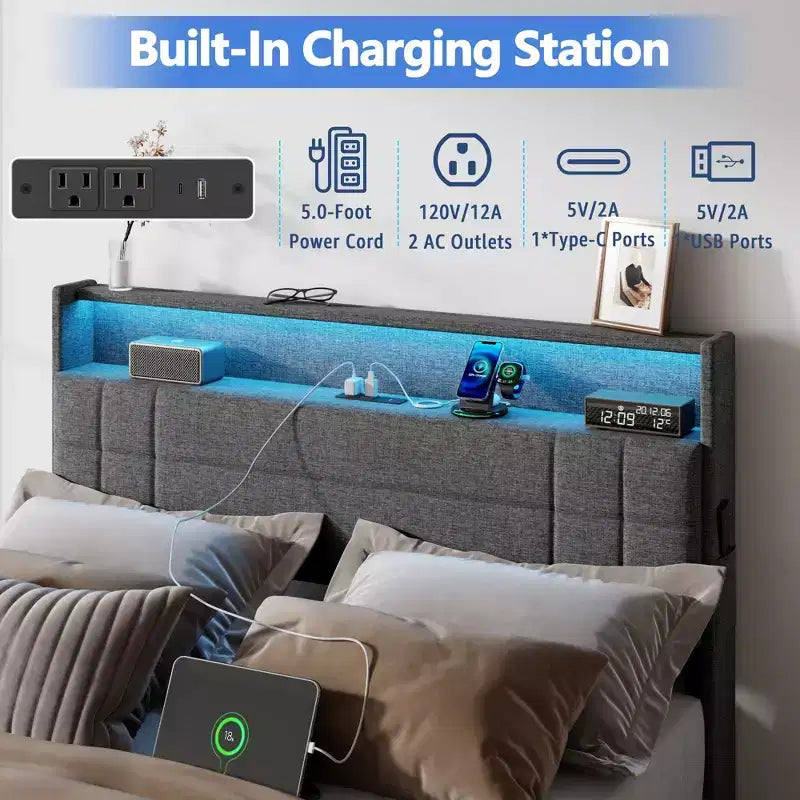 Lit plateforme rembourré pleine grandeur – 4 tiroirs de rangement, lumières LED et station de recharge, gris