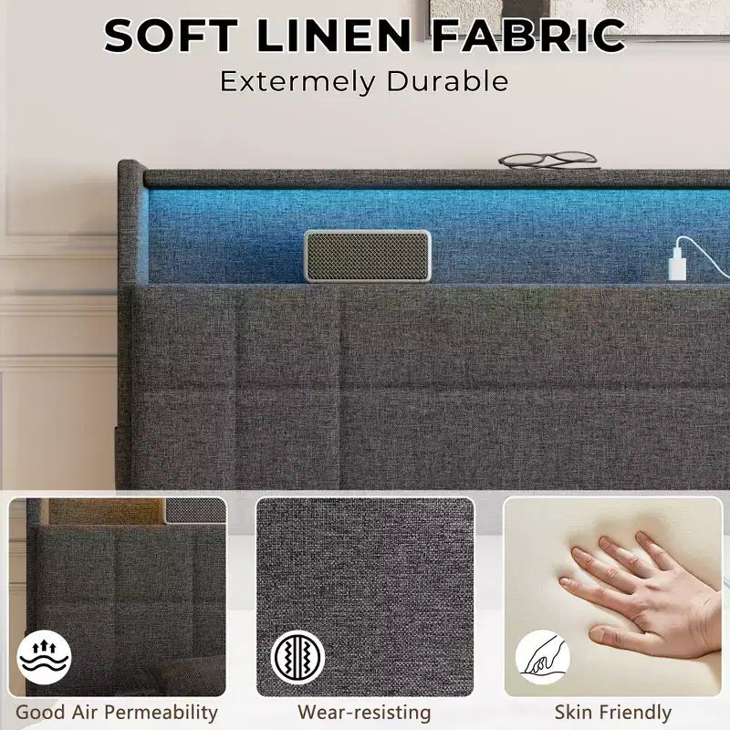 Lit plateforme rembourré pleine grandeur – 4 tiroirs de rangement, lumières LED et station de recharge, gris