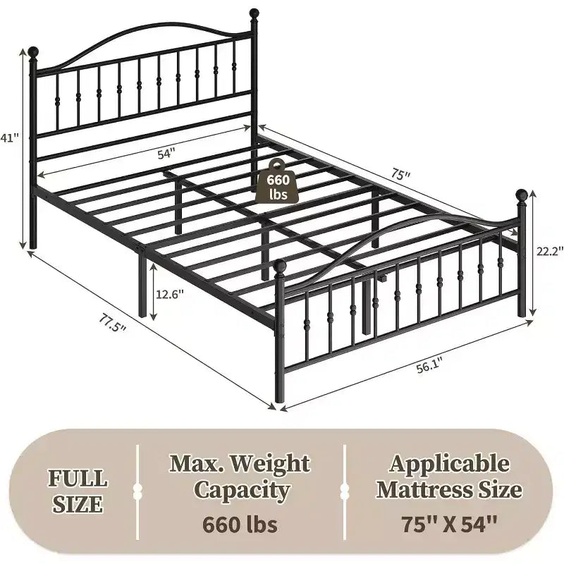 Cadre de lit plateforme en métal – Tête et pied de lit ronds vintage, Rangement sous le lit