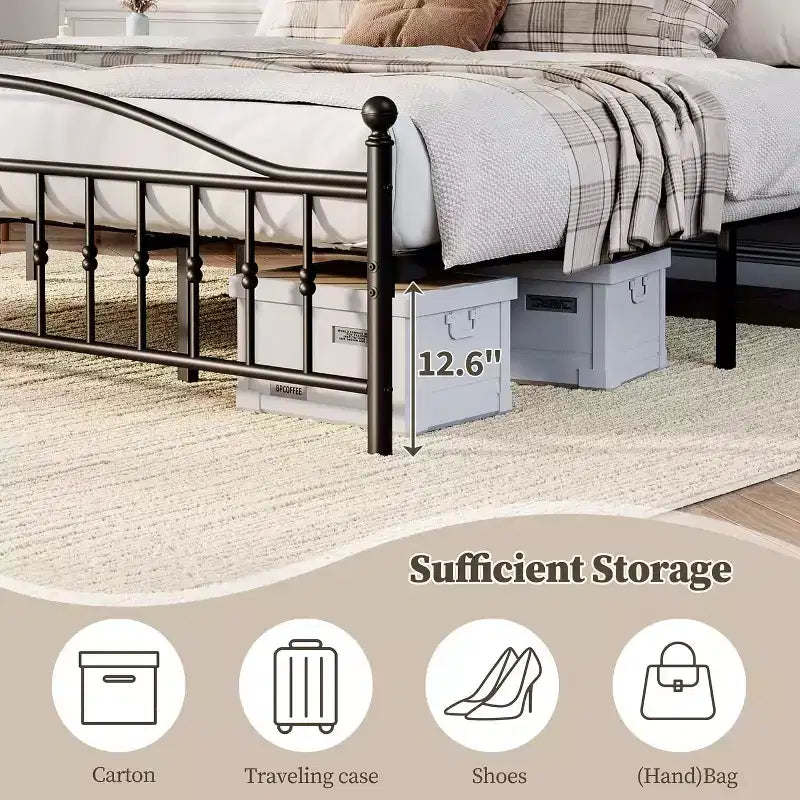 Cadre de lit plateforme en métal – Tête et pied de lit ronds vintage, Rangement sous le lit