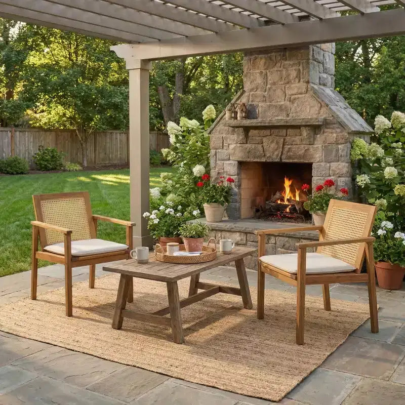 ModernLuxe Set of 2 Outdoor Acacia Wood Dining Chairs with Rattan Back & Cushions, Weather-Resistant Patio Chairs, Teak+Beige