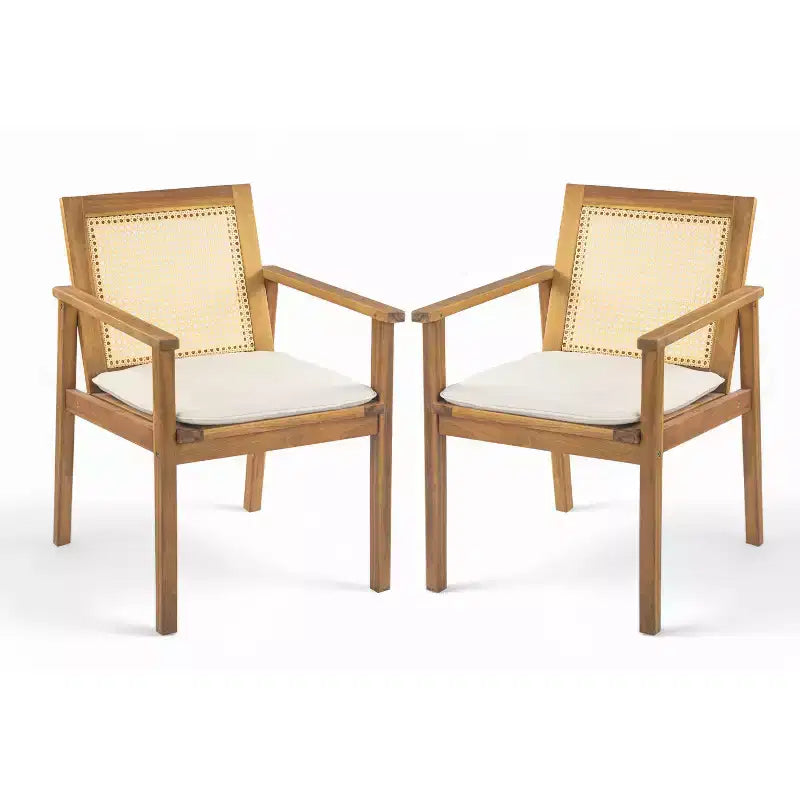 ModernLuxe Ensemble de 2 chaises de salle à manger d'extérieur en bois d'acacia avec dossier en rotin et coussins, chaises de terrasse résistantes aux intempéries, teck+beige