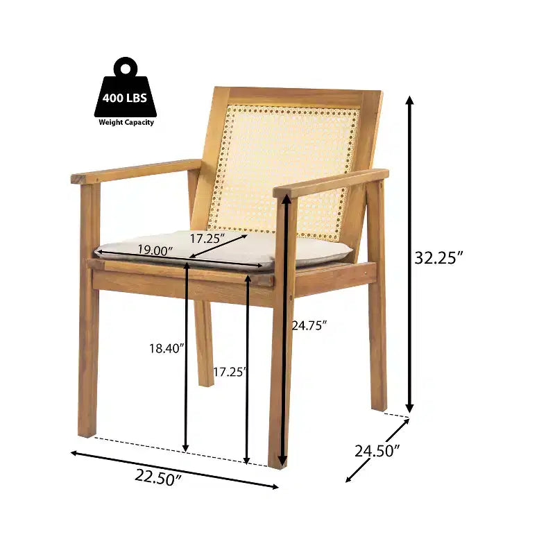 ModernLuxe Ensemble de 2 chaises de salle à manger d'extérieur en bois d'acacia avec dossier en rotin et coussins, chaises de terrasse résistantes aux intempéries, teck+beige