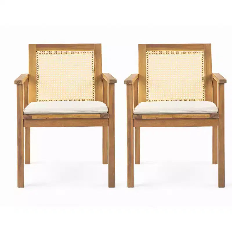 ModernLuxe Ensemble de 2 chaises de salle à manger d'extérieur en bois d'acacia avec dossier en rotin et coussins, chaises de terrasse résistantes aux intempéries, teck+beige