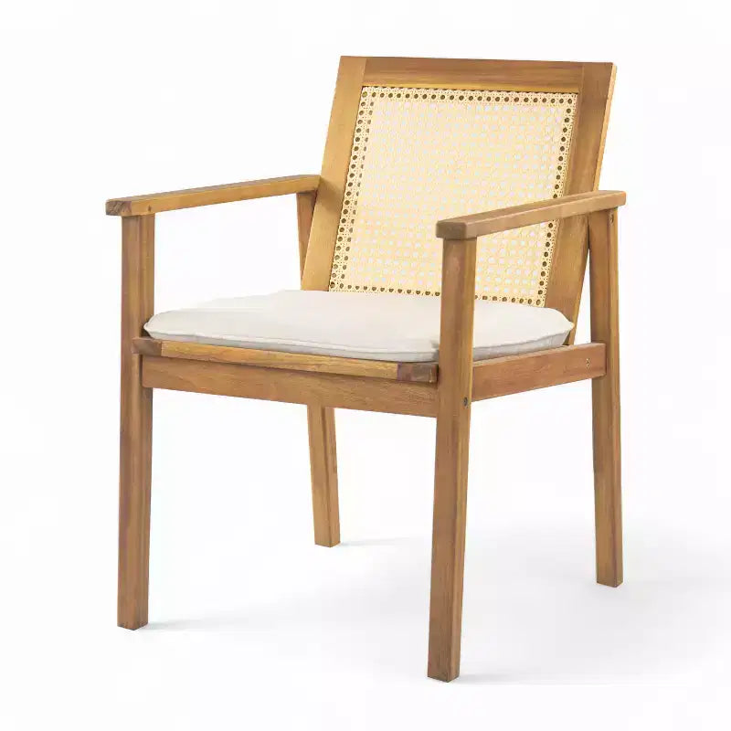 ModernLuxe Ensemble de 2 chaises de salle à manger d'extérieur en bois d'acacia avec dossier en rotin et coussins, chaises de terrasse résistantes aux intempéries, teck+beige