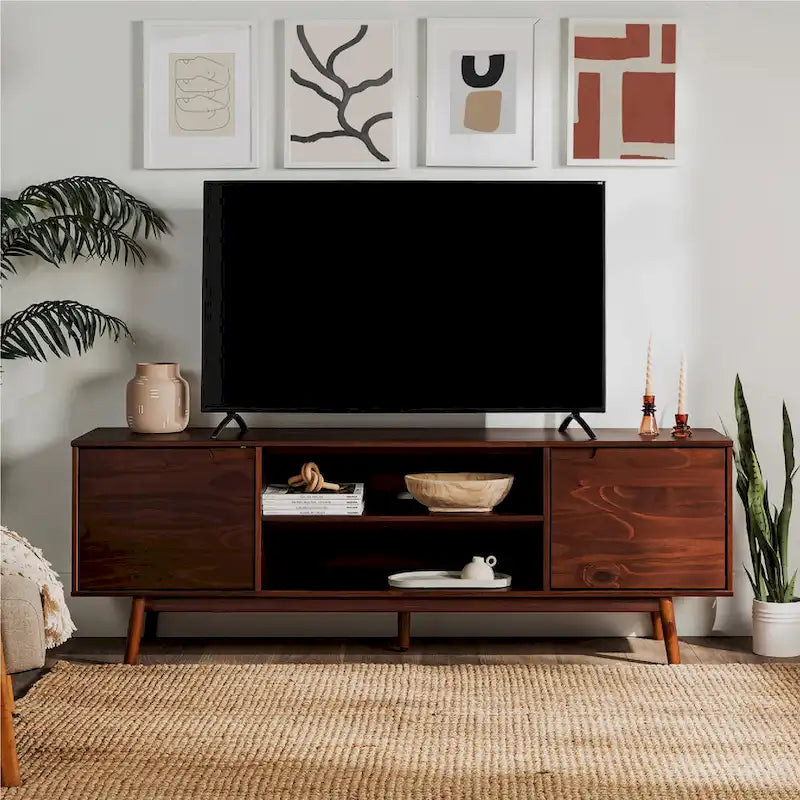 Meuble TV en bois massif de style Mid-Century Middlebrook de 70 po