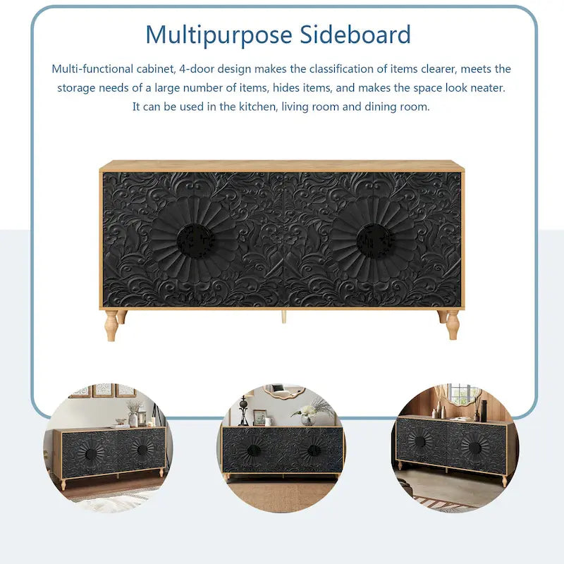 Meuble TV d'appoint Black+Natural 62.99 avec portes sculptées, étagère et pieds en bois massif