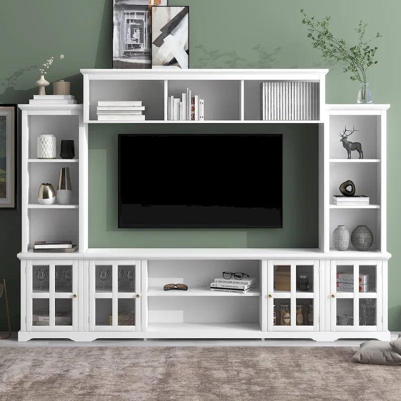 Meuble TV mural blanc avec pont et porte en verre trempé pour téléviseurs 70 po