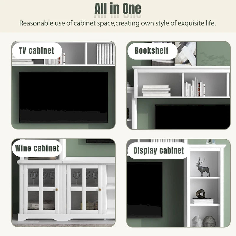Meuble TV mural blanc avec pont et porte en verre trempé pour téléviseurs 70 po