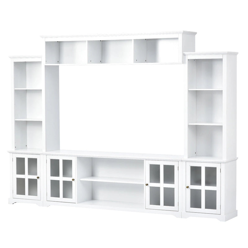 Meuble TV mural blanc avec pont et porte en verre trempé pour téléviseurs 70 po