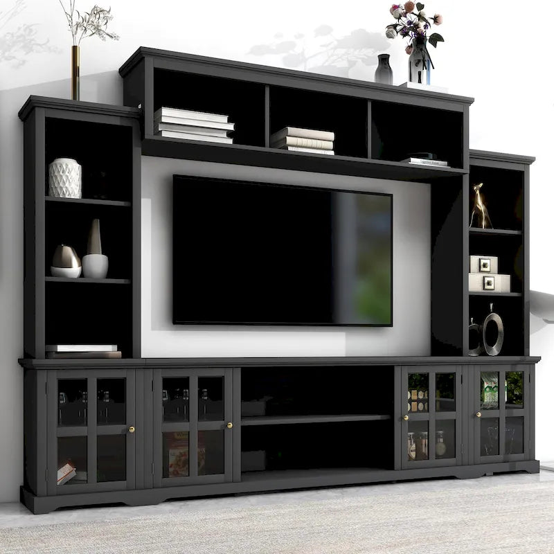 Meuble TV mural noir avec pont et console TV à portes vitrées pour téléviseurs jusqu'à 70 pouces
