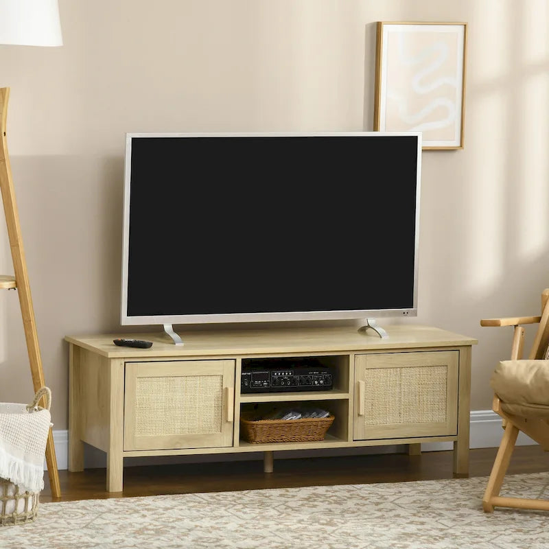 Meuble TV 47,3" avec porte en rotin et rangement pour téléviseurs de moins de 60"