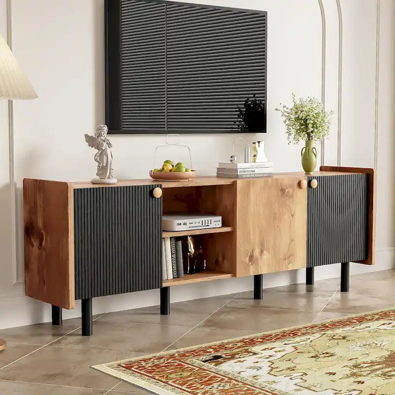 Meuble TV Mid-century avec 3 placards, table console média pour TV jusqu'à 70", centre de divertissement avec rangement