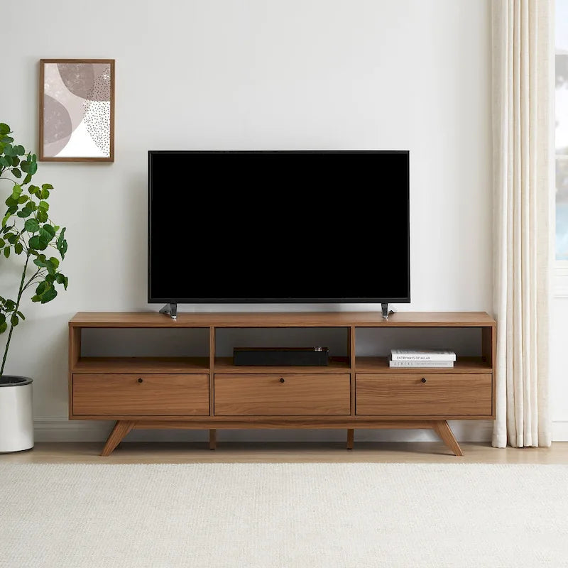 Meuble TV bas scandinave moderne à 3 portes pour TV jusqu'à 80 pouces - Mocha