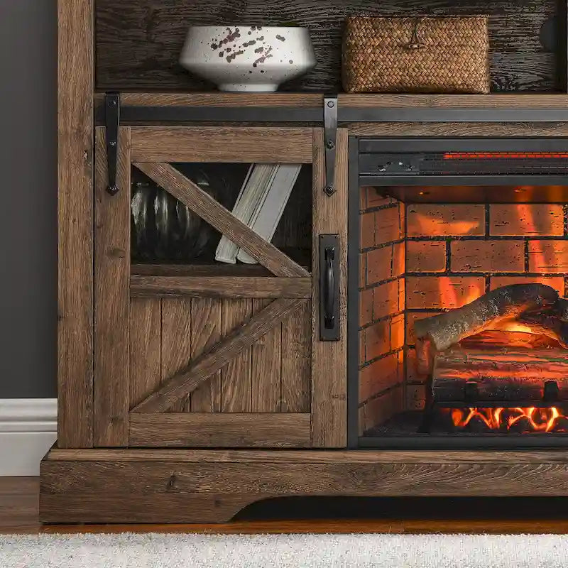 Meuble TV cheminée en bois de grange récupéré de 60 pouces avec télécommande et dispositif de sécurité pour téléviseurs de 70 pouces