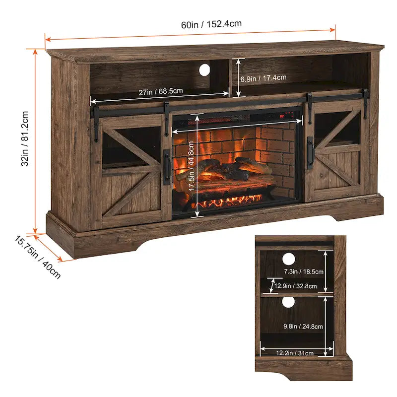 Meuble TV cheminée en bois de grange récupéré de 60 pouces avec télécommande et dispositif de sécurité pour téléviseurs de 70 pouces