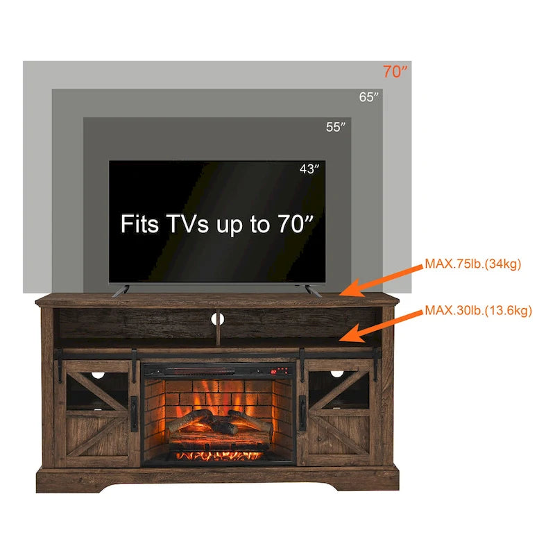 Meuble TV cheminée en bois de grange récupéré de 60 pouces avec télécommande et dispositif de sécurité pour téléviseurs de 70 pouces