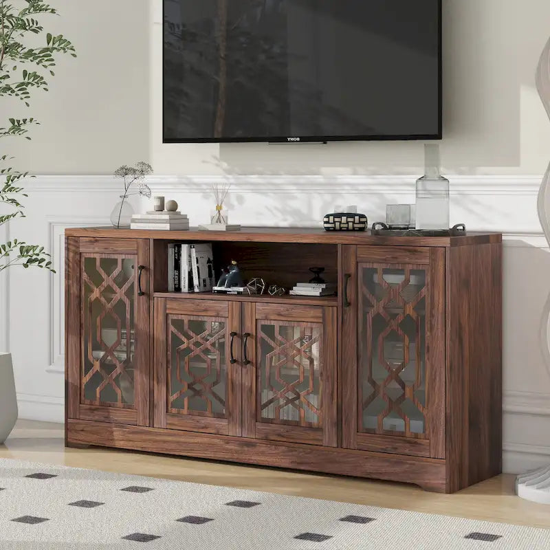 Meuble TV pour téléviseur de 65+ pouces, console multimédia rustique avec étagères de rangement, meuble de télévision en bois pour salon