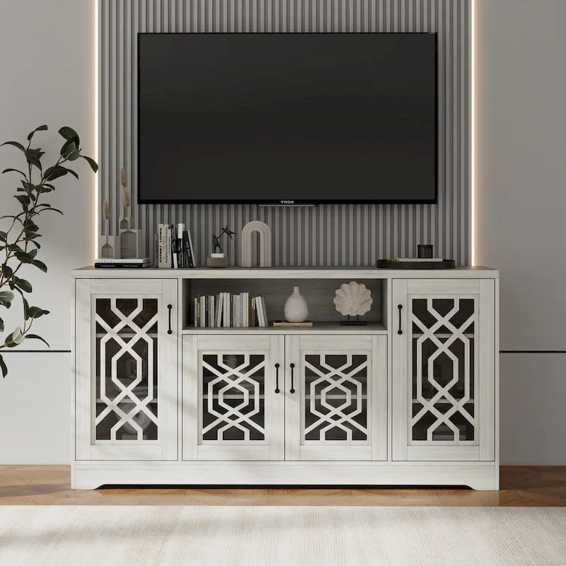 Meuble TV pour téléviseur de 65+ pouces, console multimédia rustique avec étagères de rangement, meuble de télévision en bois pour salon