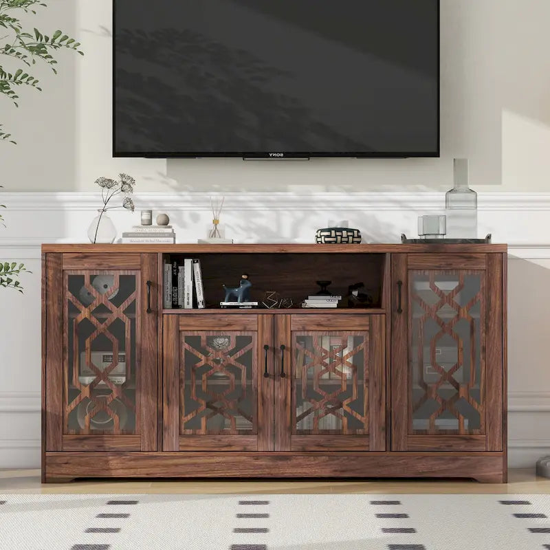 Meuble TV pour téléviseur de 65+ pouces, console multimédia rustique avec étagères de rangement, meuble de télévision en bois pour salon