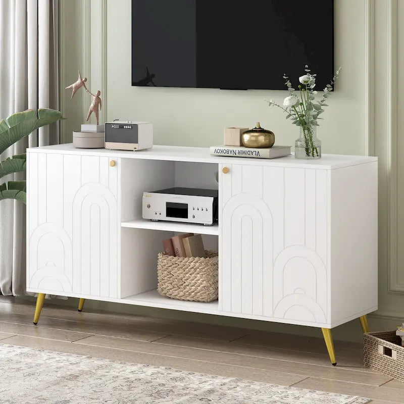 Meuble TV pour téléviseurs jusqu'à 55 pouces, meuble multimédia, étagère réglable, pieds en métal, poignées et dispositif anti-basculement