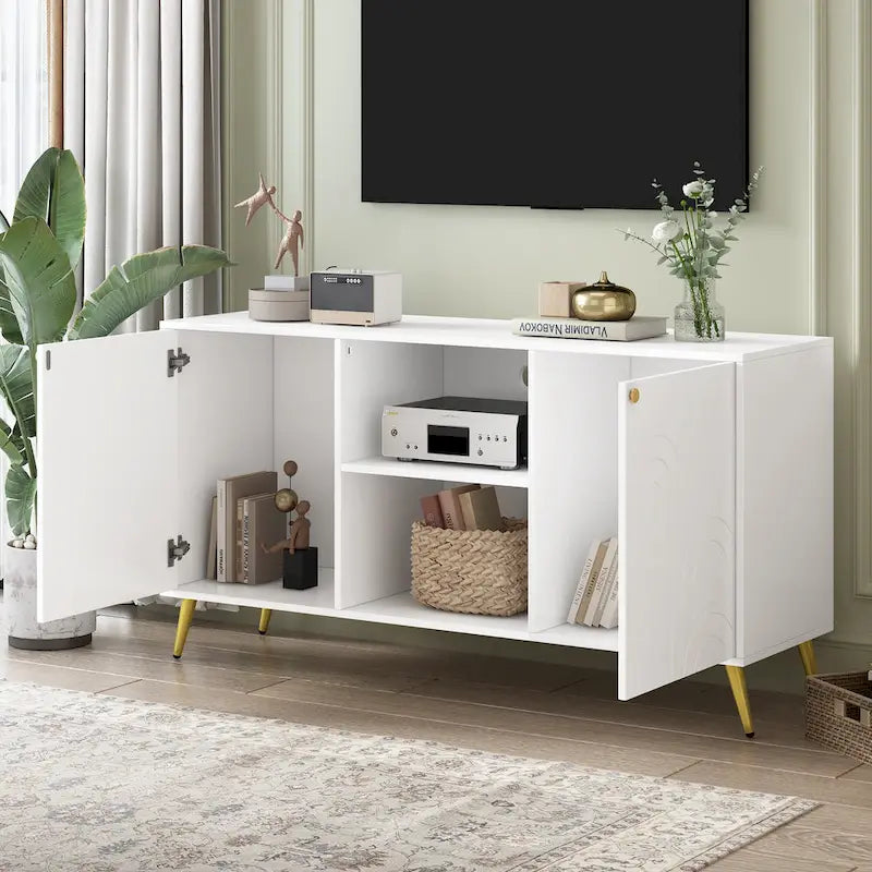 Meuble TV pour téléviseurs jusqu'à 55 pouces, meuble multimédia, étagère réglable, pieds en métal, poignées et dispositif anti-basculement