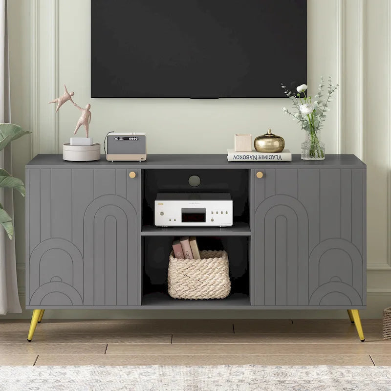 Meuble TV pour téléviseurs jusqu'à 55 pouces, meuble multimédia, étagère réglable, pieds en métal, poignées et dispositif anti-basculement