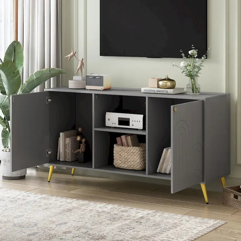Meuble TV pour téléviseurs jusqu'à 55 pouces, meuble multimédia, étagère réglable, pieds en métal, poignées et dispositif anti-basculement