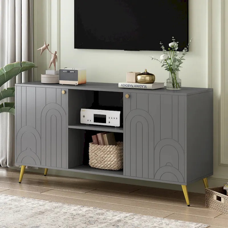 Meuble TV pour téléviseurs jusqu'à 55 pouces, meuble multimédia, étagère réglable, pieds en métal, poignées et dispositif anti-basculement