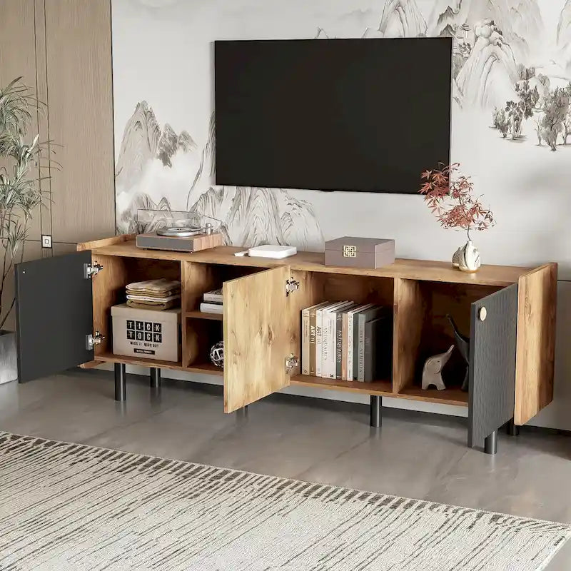 Meuble TV scandinave avec 3 armoires, console multimédia pour TV jusqu'à 70 pouces, meuble de rangement pour salon
