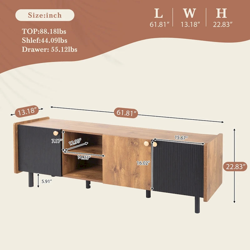 Meuble TV scandinave avec 3 armoires, console multimédia pour TV jusqu'à 70 pouces, meuble de rangement pour salon