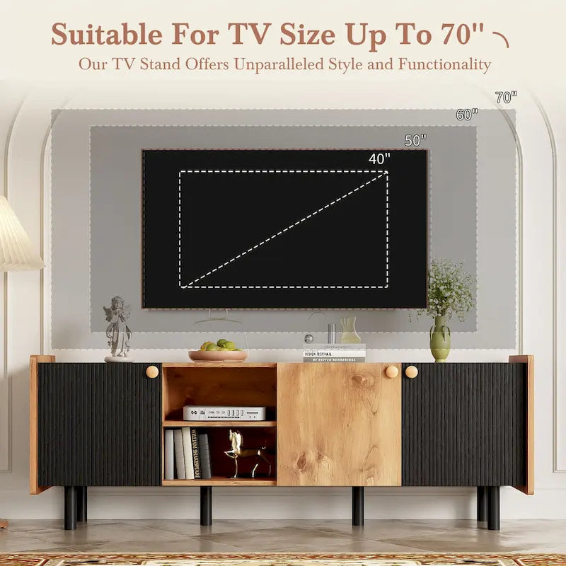 Meuble TV scandinave avec 3 armoires, console multimédia pour TV jusqu'à 70 pouces, meuble de rangement pour salon