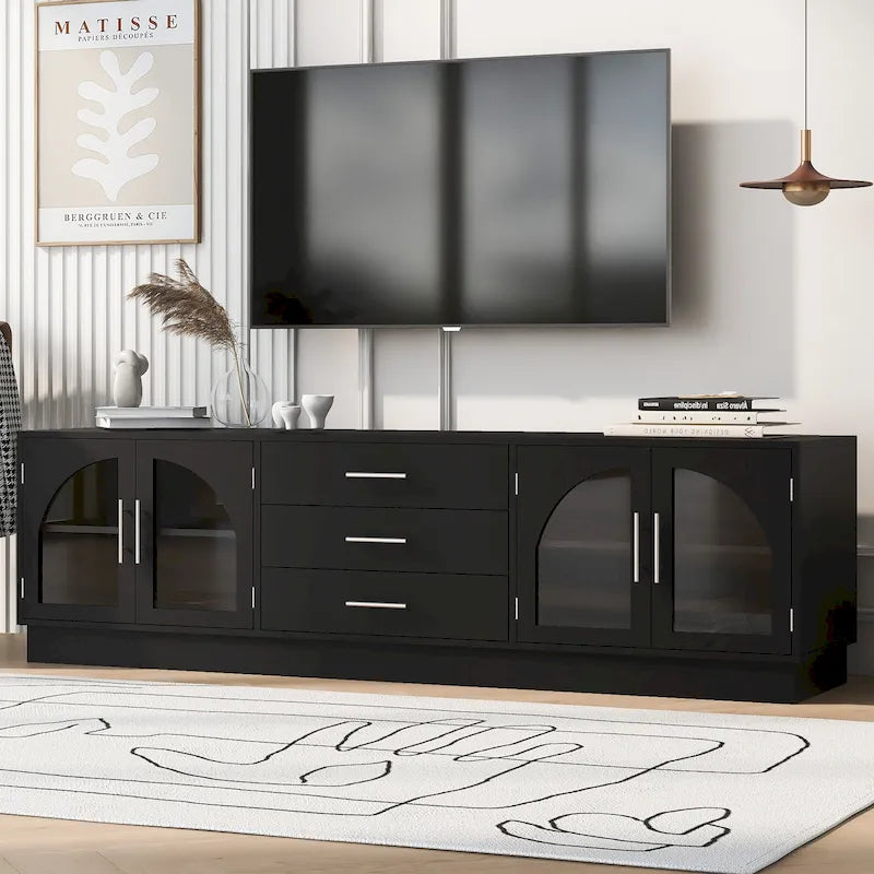 Meuble TV minimaliste moderne de 68,9 pouces pour téléviseurs jusqu'à 75 pouces, console média avec étagères réglables pour salon