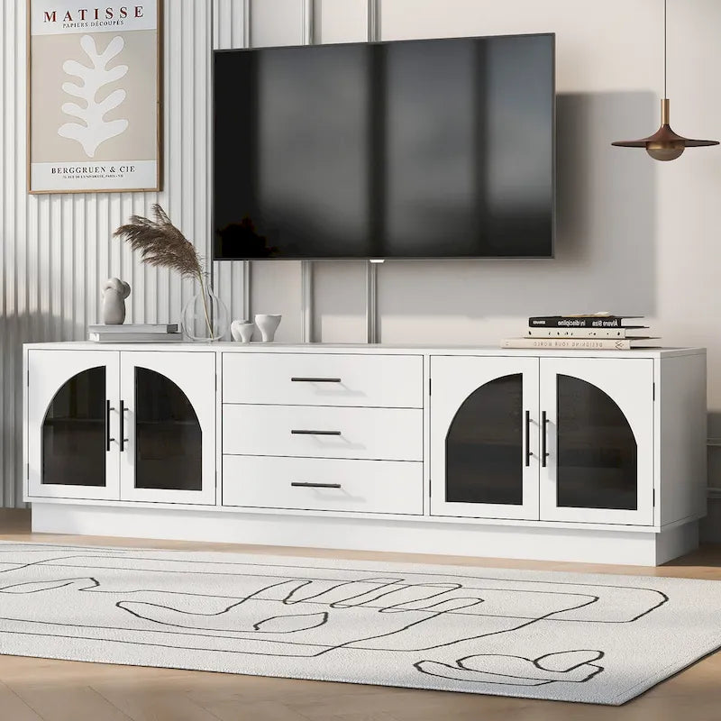 Meuble TV minimaliste moderne de 68,9 pouces pour téléviseurs jusqu'à 75 pouces, console média avec étagères réglables pour salon