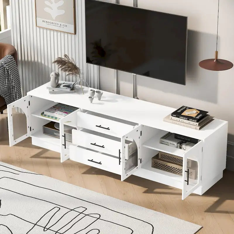 Meuble TV minimaliste moderne de 68,9 pouces pour téléviseurs jusqu'à 75 pouces, console média avec étagères réglables pour salon