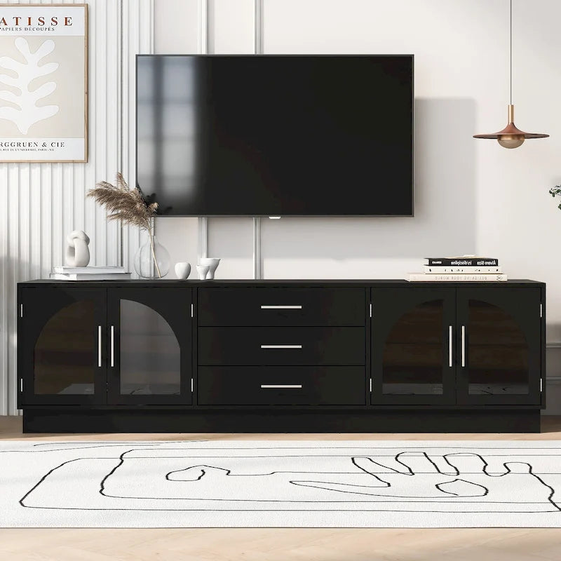 Meuble TV minimaliste moderne de 68,9 pouces pour téléviseurs jusqu'à 75 pouces, console média avec étagères réglables pour salon